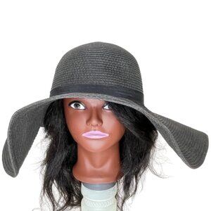 Black Wide Brim Floppy Sun Hat Faux Straw Woevn Crochet Foldable Beach
